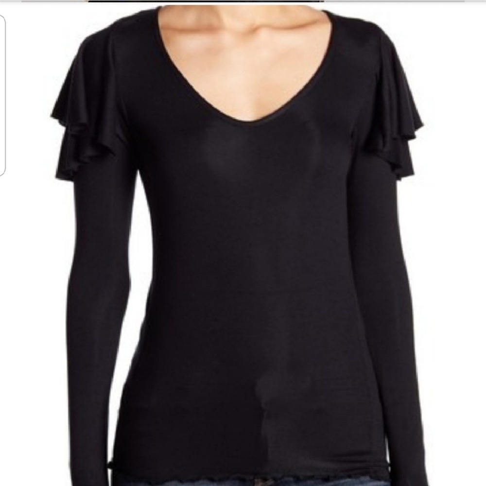 Black,V-neck , ruffle shoulder top.